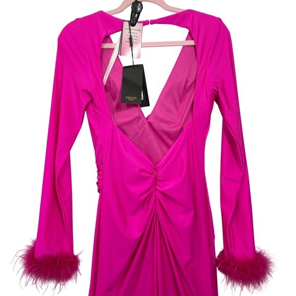 Terani Couture 231P0074 Fuchsia Pink Feather Trim Long Sleeve Gown Dress 6 - Picture 13 of 16